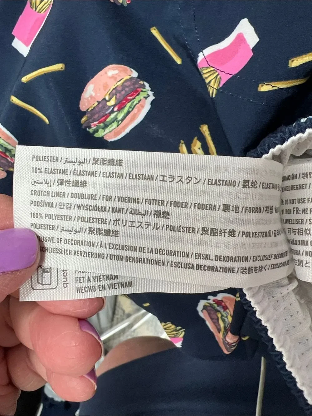 Abercrombie Kids Navy Blue Burger and Fries print swim performance casual shorts